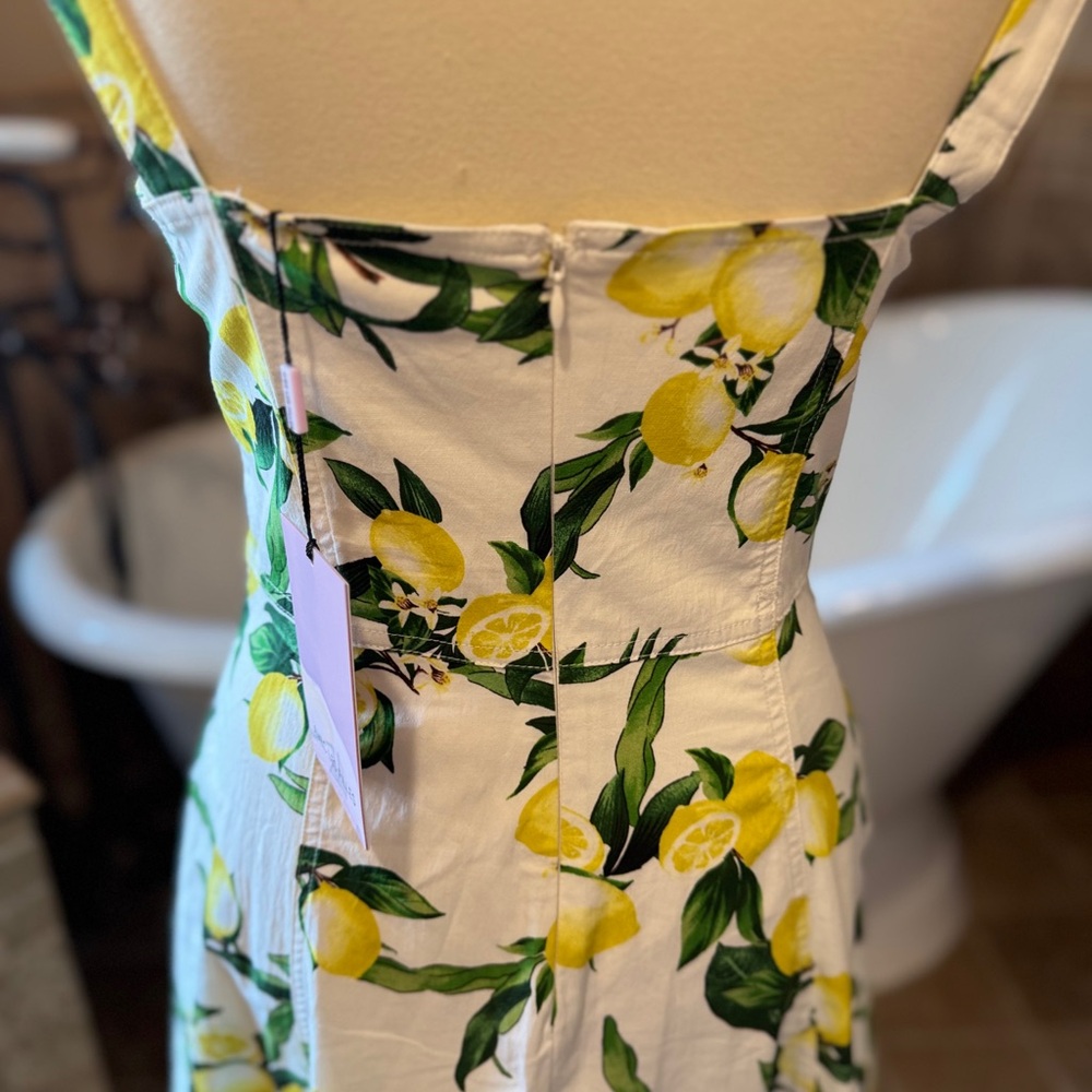NWT Avec Les Filles Lemon Print Pockets Cotton-Blend Sweetheart Midi Dress 6 - Picture 6 of 8
